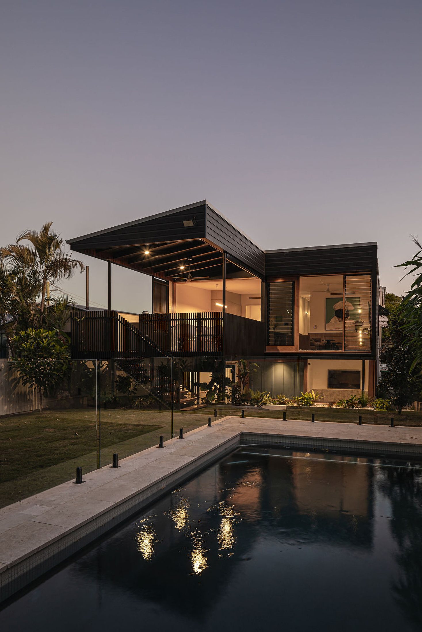 Pavilion and pool at dusk